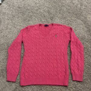 Polo Ralph Lauren Pink Cable Knit Cotton V Neck Sweater Women L Green Pony Logo